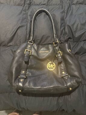 Michael Kors Black Pebbled Leather Shoulder Bag with Gold Hardware